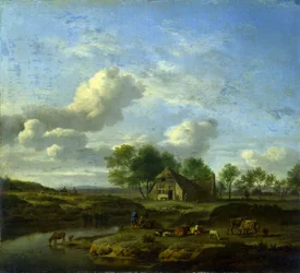 Een landschap met een boerderij aan een beek